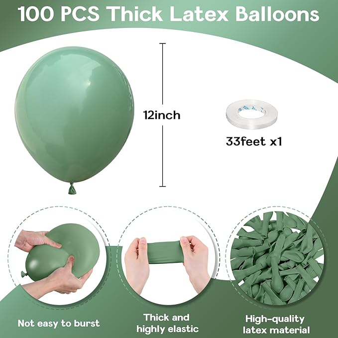 Sage Green Balloons 12 Inch, 100 Pack Eucalyptus Olive Vintage Green Balloon Matte Dusty Green Dark Avocado Green Helium Latex Balloons for Birthday Boho Baby Shower Wedding Party Decorations