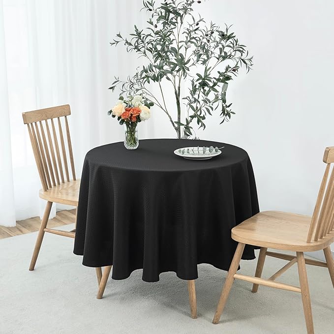 maxmill Round Weaved Texture Design Tablecloth Spill-Proof Wrinkle Free Soft Washable Table Cloth for Circular Table Cover, for Dining Room Buffet Banquet Parties Holiday Dinner, 90 Inch Black