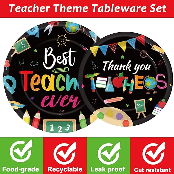 96 Pieces Teacher Appreciation Party Plates Thank You Theme Party Decorations Cartoon Best Teacher Paper Plates and Napkins Thank You Disposable Dessert Tableware Set Graduation Supplies 24 Guests