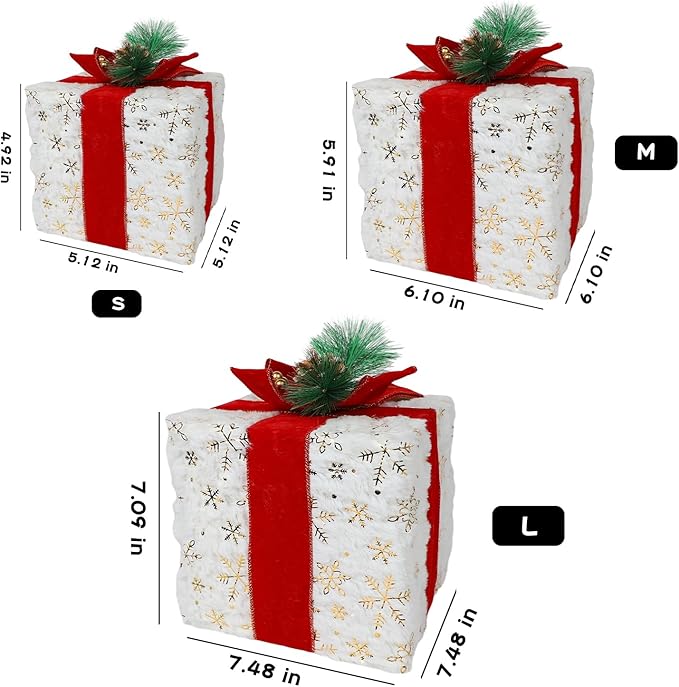 MorTime Christmas Lighted Boxes with Bows, Set of 3 Plush Gift Boxes with Gold Snowflake Pinecone Berry, Present Boxes with 60 LEDs for Christmas Decorations