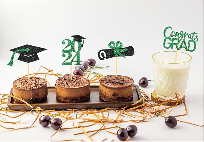 24Pcs Graduation Cupcake Toppers, Graduation Cupcake Picks for Cupcake Food Decorations - Class of 2025 Cupcake Toppers Supplies (Green)