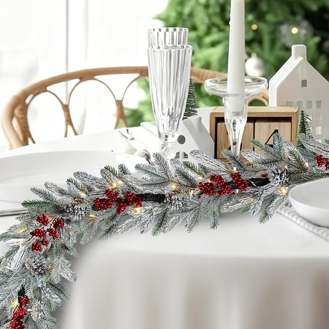 Bdor 6FT Pre-Lit Christmas Garland with Lights – Snow Flocked Pine Garland with Red Berries and Pinecones – Battery Operated Holiday Decoration for Mantel, Staircase, Fireplace, and Front Door