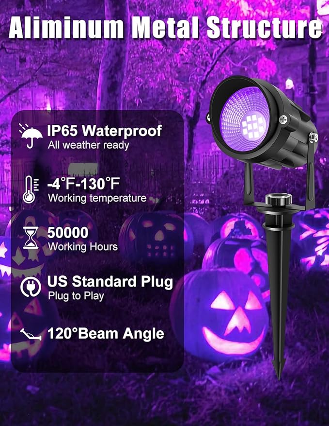 Outdoor Black Light Spotlight, LED Black Lights Waterproof Landscape Lights with US Plug for Glow Party Body Paint Fluorescent Poster Stage Lighting Yard Garden Halloween Decoration(6 Pack)