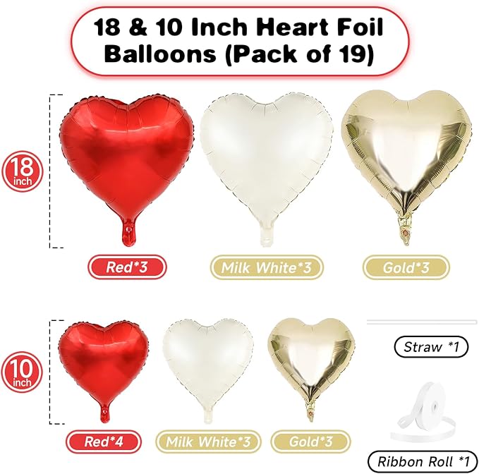 Red Gold Heart Balloons, 19PCS Red White Champagne Gold Heart Shape Balloon, 18Inch with 10Inch Cream Helium Foil Love Balloon for Birthday Baby Shower Wedding Valentines Decorations