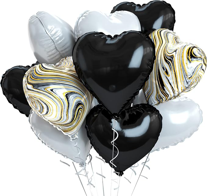 Black White Foil Heart Balloons, 10PCS Black White Agate Heart Shape Balloons, Valentines Balloons 18inch Black Foil Balloon for Helium Valentine Decorations for Wedding, Baby Shower, Anniversary