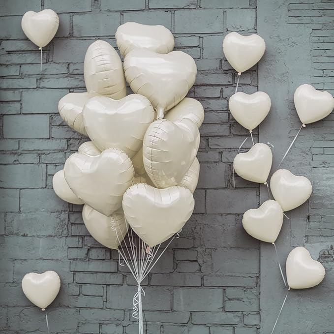 Cream Heart Balloons, 19PCS Cream White Heart Shape Balloons, 18Inch with 10Inch Nude Neutral Helium Foil Balloon Love Balloon for Birthday White Wedding Valentines Anniversary Decorations
