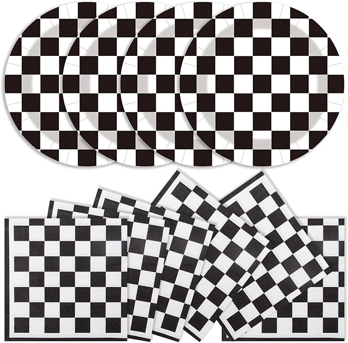 40Pcs Race Car Party Supplies Paper Plates and Napkins, 9 Inch Disposable Black White Checkered Flag Plates and Napkins for Race Car Birthday Party Decorations (Checkered)