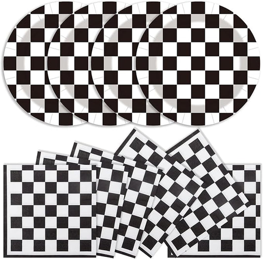 40Pcs Race Car Party Supplies Paper Plates and Napkins, 9 Inch Disposable Black White Checkered Flag Plates and Napkins for Race Car Birthday Party Decorations (Checkered)