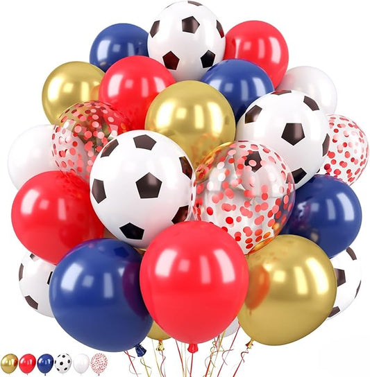 12 Inches Soccer Balloons, 50Pcs Metallic Gold Blue Red Confetti Balloon, Soccer Ball Latex Balloons for Kids Boys Soccer Football Lover Sport Theme Birthday Baby Shower Graduation Party Decor