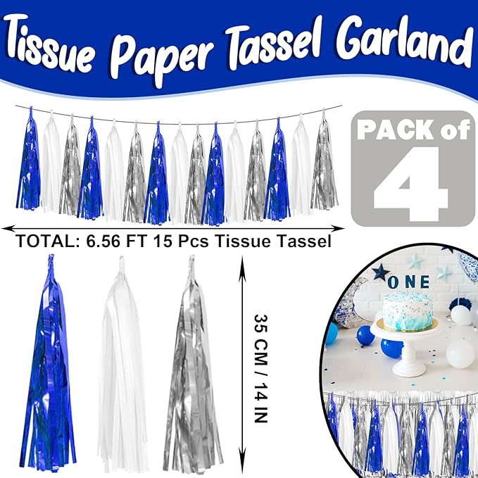 4P Navy-Blue White-Silver Foil Fringe Metallic Tassel Garland Banner, Tassels Banner Streamers for Parade Floats, Bachelorette, Wedding, Birthday, Halloween, Bridal/Baby Shower Party Decorations