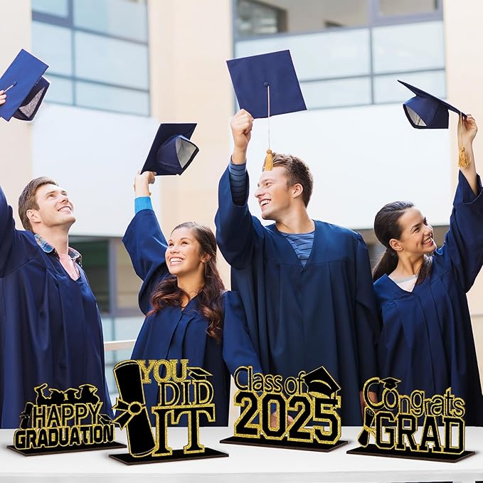 (4 Pcs) KSKSPE Graduation Decorations Party Supplies Table Centerpieces,Graduation Theme Design and Sturdy Wooden for Graduation Party Favors Decorations,Black