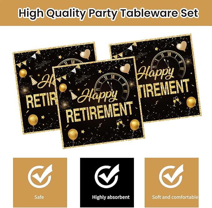 40Pcs Retirement Paper Plates and Napkins Party Supplies, Disposable Happy Retirement Decorations Party Plates Napkins Black Gold Tableware Set for Men Women