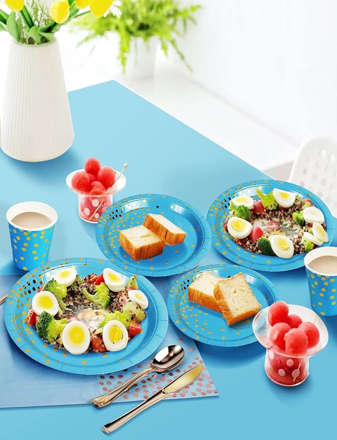141 Pieces Sky Blue Gold Party Supplies, Disposable Party Decorations Sets Include Paper Plates Napkins Cups, Plastic Forks Knives Spoons, for Baby Shower Birthday Wedding -20 Guests