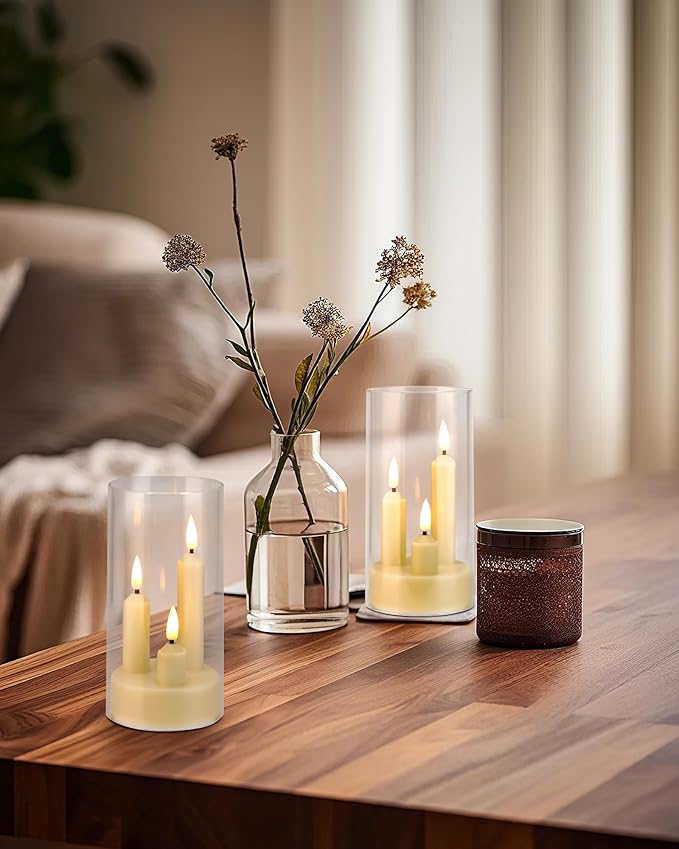 Enido 2 Pc Flameless LED 3-in-1 Taper Candles with Remote & Timer, Battery Operated Acrylic Pillar Set, 3" x 6" Flickering Electric Lights for Cozy Home & Holiday Romantic Decor (Clear)