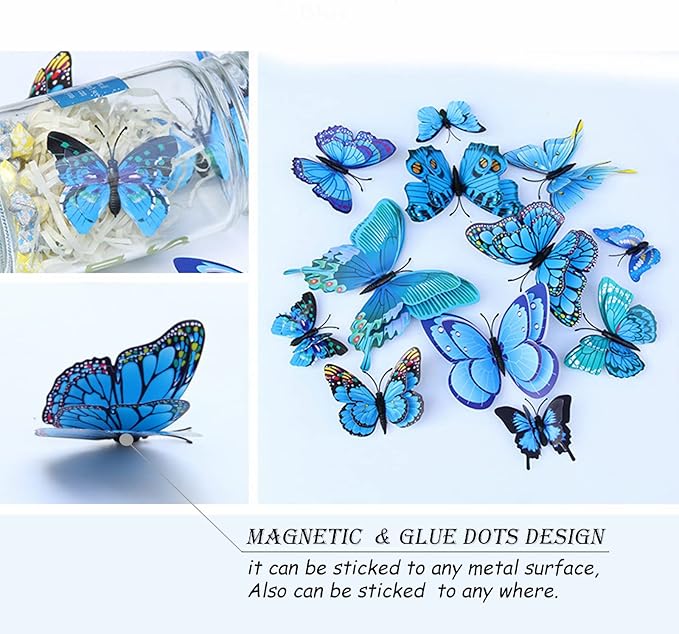 Butterfly Wall Decor 24/48 PCS, 3D Butterflies Stickers for Party Decorations with Magnets(Blue, 48)