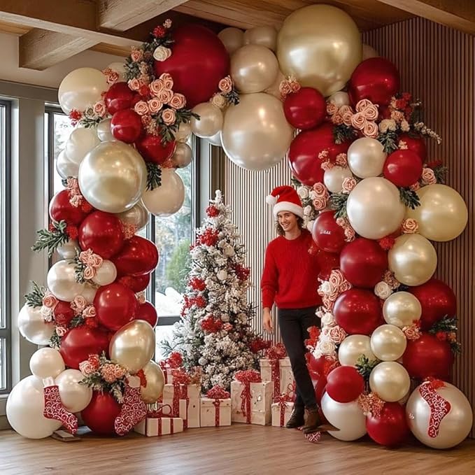 Red White Balloon Garland Double Stuffed Dark Red Pearl White Balloon Arch Kit Burgundy Balloons for Christmas New Year Birthday Wedding Bridal Shower Engagement Party Decorations