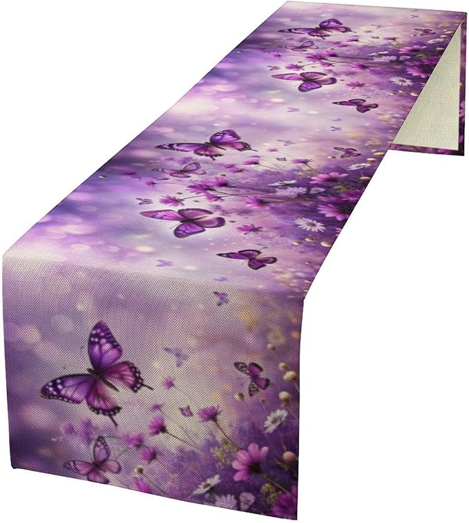 Flowers Butterfly Spring Table Runner, Purple Floral Seasonal Kitchen Dining Table Decoration for Home Party Decor 13x90 Inch
