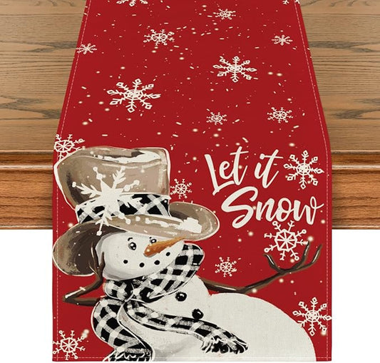 Artoid Mode Red Snowman Snowflake Let it Snow Winter Table Runner, Seasonal Christmas Kitchen Dining Table Decoration for Home Party Decor 13x108 Inch