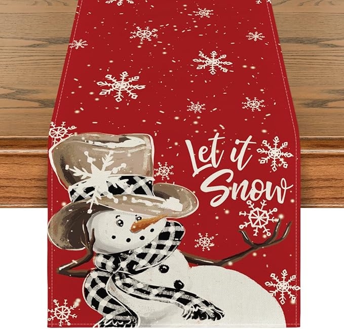 Artoid Mode Red Snowman Snowflake Let it Snow Winter Table Runner, Seasonal Christmas Kitchen Dining Table Decoration for Home Party Decor 13x90 Inch