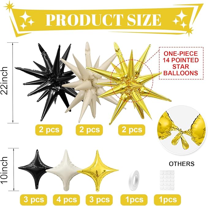 Black White Gold Star Balloon,Sand White Gold 6Pcs 22Inch Explosion Star Balloons and 10Pcs 10Inch Four Angle Balloons Kit for Birthday Anniversary Baby Shower Wedding Party Decorations