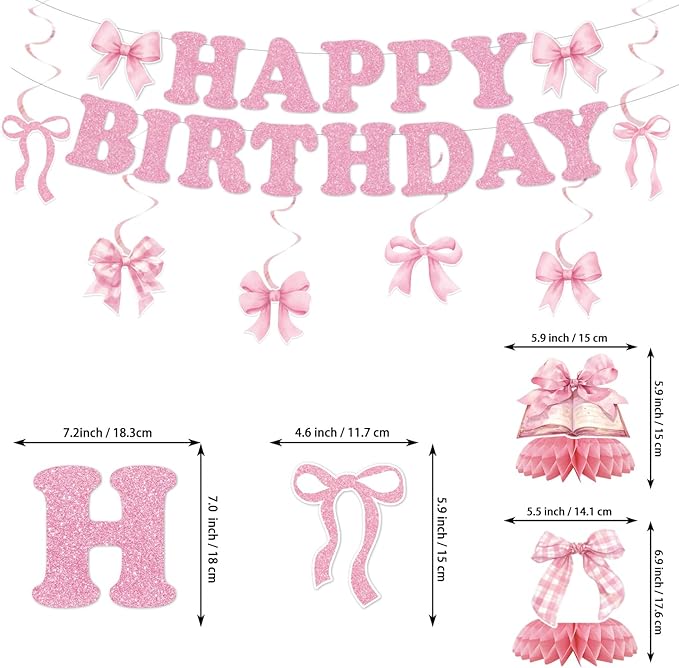 190PCS Pink Bow Party Supplies Birthday Decorations Coquette Disposable Plates Napkins Set, Banner, Hanging Swirls, Tablecloth, Cake Topper, Balloon, Honeycomb Centerpieces Table Decorations