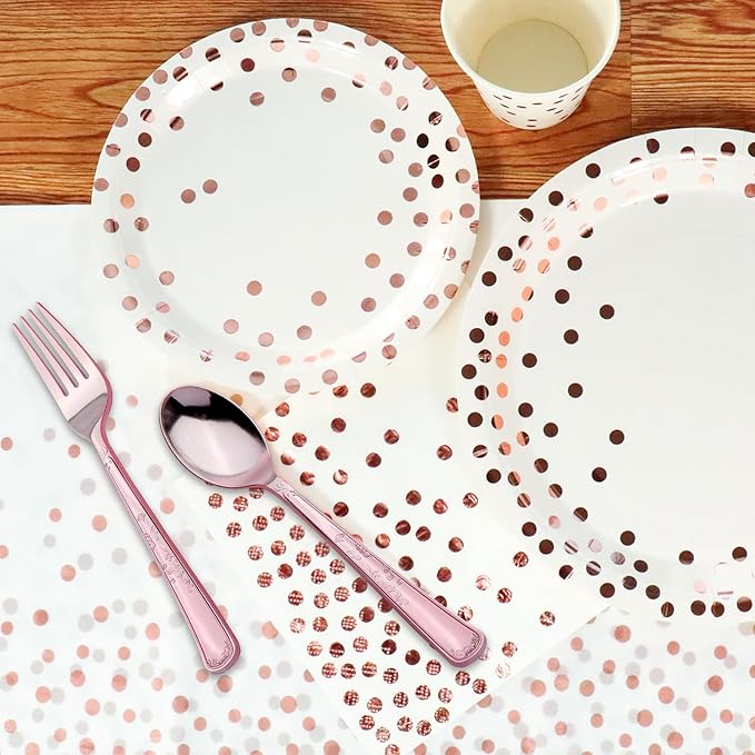 176 Pieces Rose Gold Disposable Party Dinnerware Set &Golden Dot Disposable Party Dinnerware - White Paper Plates Napkins Cups, Gold Plastic Forks Knives Spoons (25 Guests,176 Pieces)