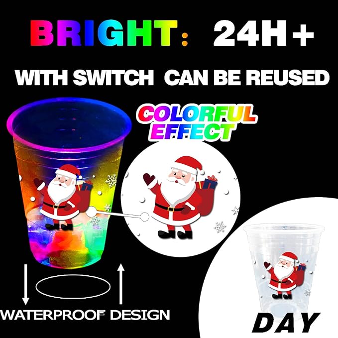 mishunyus 40 Pcs Christmas Party Cups, Glow Christmas Flashing Theme Cups, for Holiday Party Supplies, for Nighttime Fun, BBQ, Christmas Decor, with 8 pattern