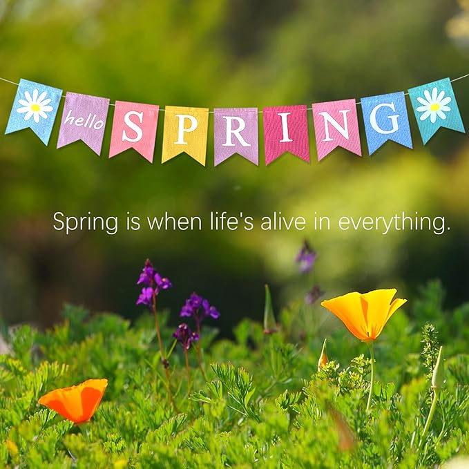 Hello Spring Banner,Pre-assembled Burlap Happy Easter Decorations Welcome Spring Mantle Felt Garland Colorful Party Supplies for Classroom Office Decor