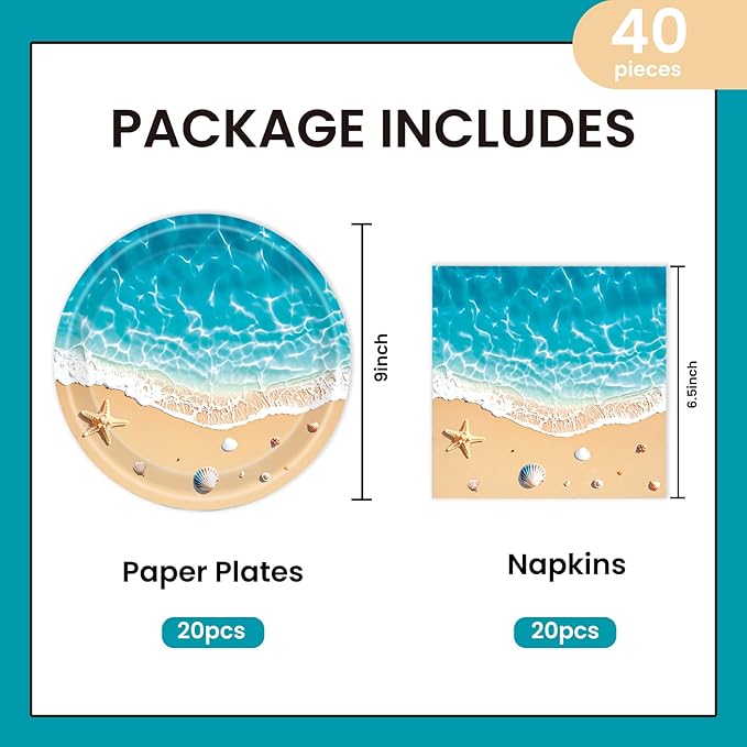 40Pcs Beach Plates and Napkins Party Supplies, Disposable Ocean Waves Birthday Plates Napkins Tableware Set for Hawaiian Ocean Themed Party Decorations (Beach)
