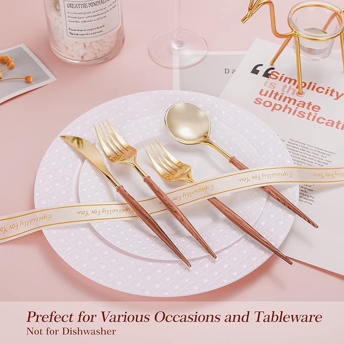 Lullaby 120PCS Gold Plastic Silverware, Gold Disposable Cutlery with Wood Grain Handle Include 40 Forks, 40 Spoons, 40 Knives, Elegant Disposable Silverware for Wedding, Party, Gathering, Daily Use