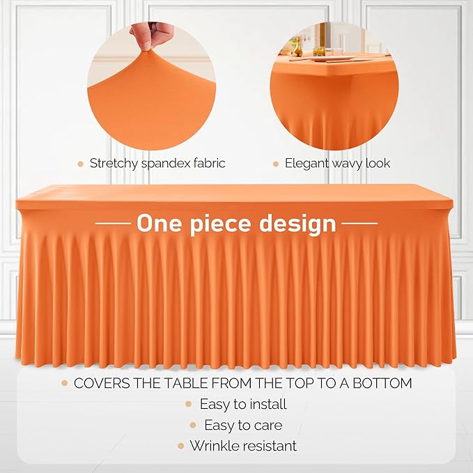 1 Pack Orange Table Clothes for 4 Foot Rectangle Tables, One-Piece Wrinkle Resistant Stretch Spandex Table Covers with Skirt for Event Banquet Wedding Birthday Party