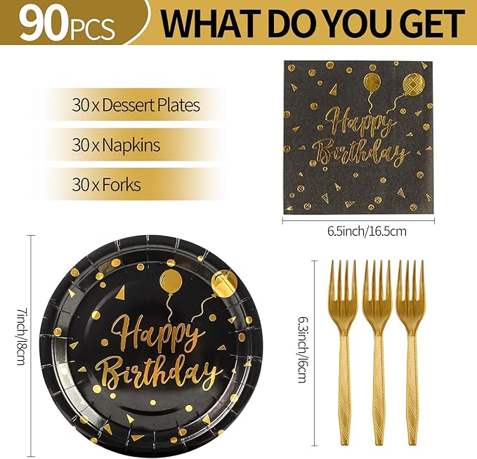90PCS Happy Birthday Plates and Napkins Party Supplies, Disposable Black Gold Dot Dessert Paper Plates Napkins with Forks Tableware Set Party Decorations for Girl Women Birthday Parties