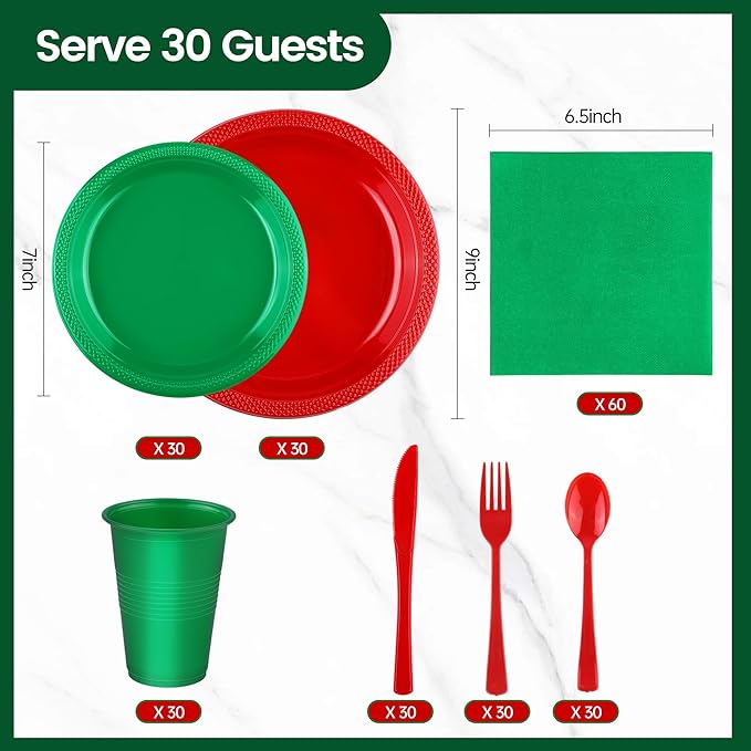 240 Pieces Christmas Plastic Dinnerware Set Disposable Party Plates Napkins Cups and Silverware Dessert Dinner Plates for Birthday Wedding Party Supplies, Serves 30 Guests, Red and Green