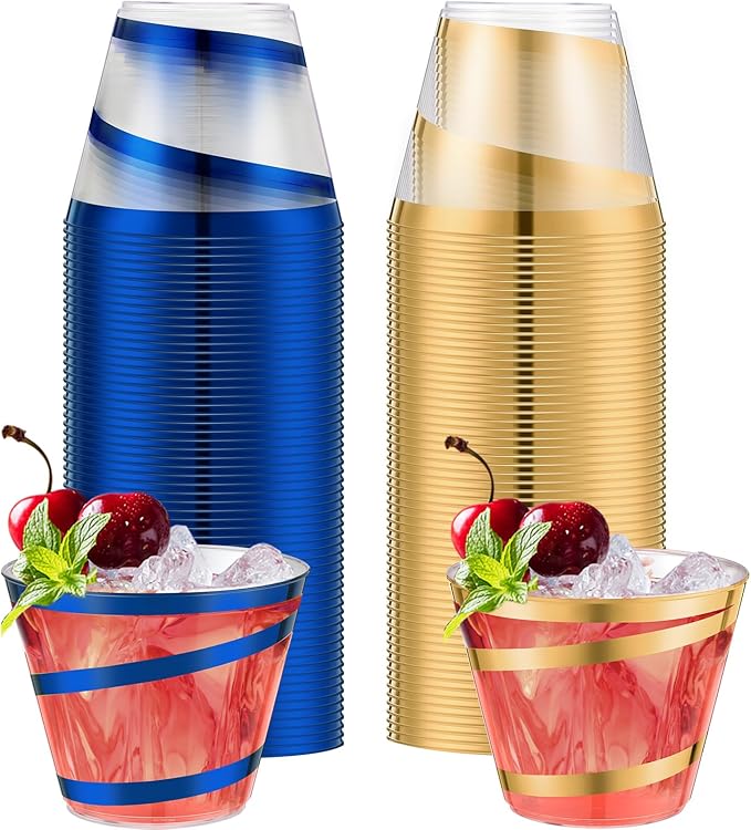 Gejoy 9 oz Rimmed Swirl Plastic Cups Disposable Wine Drinking Cups Clear Elegant Halloween Tumblers for Christmas Party Supplies(Gold, Blue,100 Pcs)
