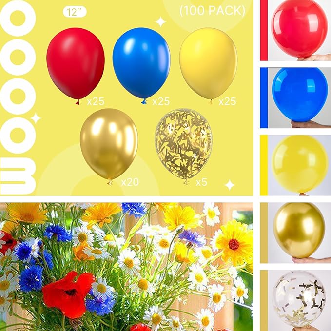 PartyWoo Red Yellow Blue Balloons 100 pcs 12 Inch Pack of Red Yellow and Blue Latex Balloons for Baby Shower Graduaion Gender Reveal Retirement Birthday Engagement Bachelorette Party Decorations