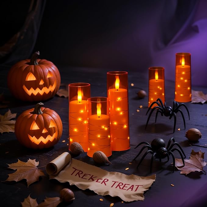 Raycare Flameless Candle with Remote Timer – 9 Flickering Acrylic Battery Operated LED Pillar Candles with Embedded Star String for Halloween, Home Decor, and as a Gift (Orange)