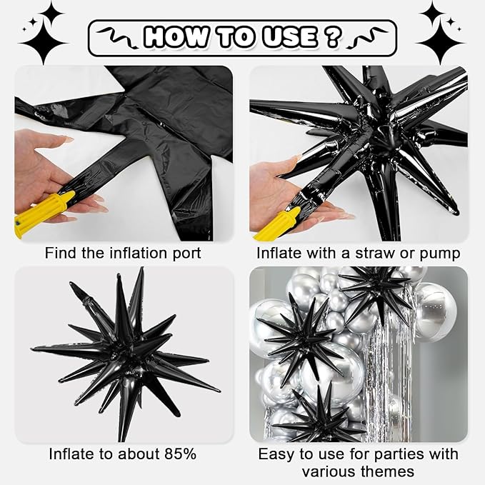 Black Star Balloon,6Pcs 22Inch Explosion Star Balloons and 10Pcs 10Inch Four Angle Balloons Kit for Birthday Halloween Anniversary Baby Shower Wedding Party Decorations