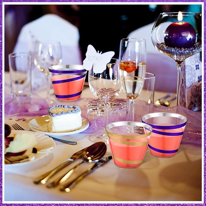 Gejoy 9 oz Rimmed Swirl Plastic Cups Disposable Wine Drinking Cups Clear Elegant Halloween Tumblers for Christmas Party Supplies(Purple, Gold,100 Pcs)