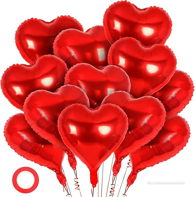 12 Pcs Red Heart Balloons,18 Inch Heart Foil Balloons Love Balloon Valentine Balloon for Birthday Party Wedding Engagement Party Baby Shower Valentine Day Decorations (red)