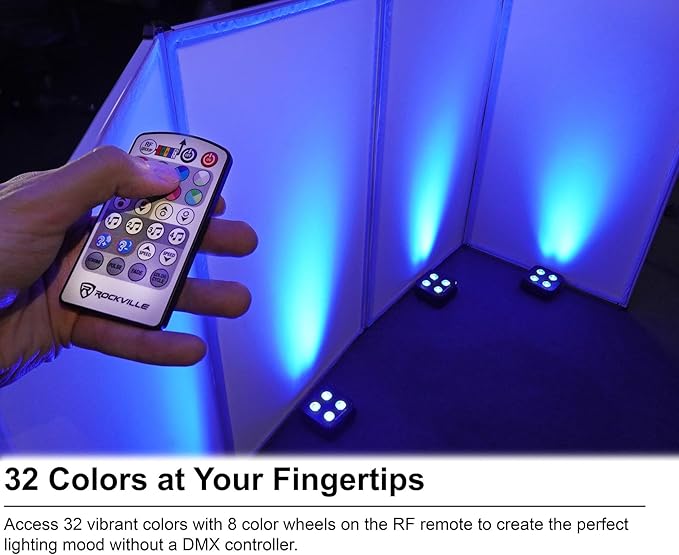 Rockville MINI RF4 V2 Black LED Wash Up Light, RGBWA+UV, Compact, App, Remote Control, LCD, Wireless DMX, Rechargeable, Perfect for DJ/Party Lighting