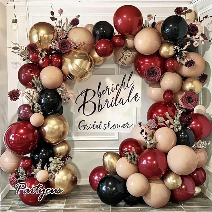 Burgundy Black Balloon Arch Kit Double Stuffed Nude Maroon Ruby Wine Red Apricot Balloon Garland with Metallic Gold Latex for Birthday Anniversary Christmas New Year Women Party Decoration