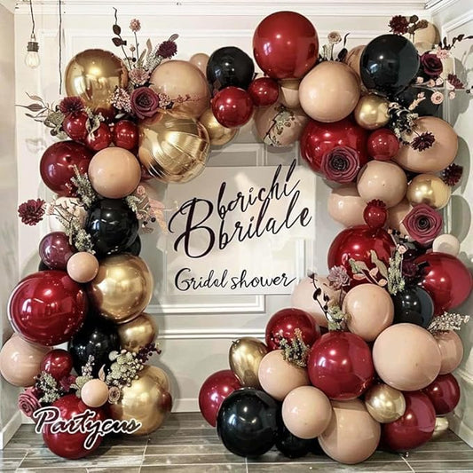 Burgundy Black Balloon Arch Kit Double Stuffed Nude Maroon Ruby Wine Red Apricot Balloon Garland with Metallic Gold Latex for Birthday Anniversary Christmas New Year Women Party Decoration