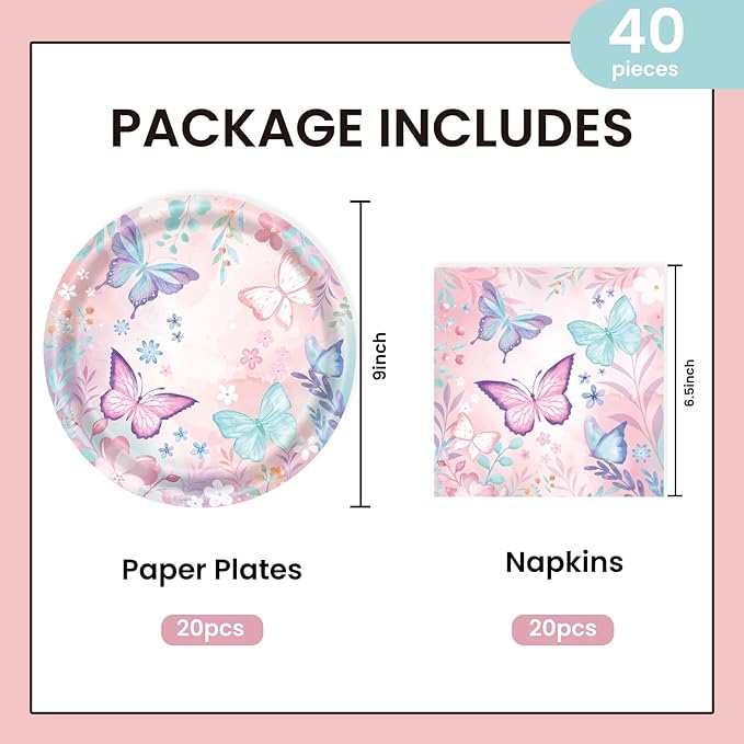 40Pcs Butterfly Plates and Napkins Party Supplies, Disposable Butterfly Birthday Party Paper Plates Napkins Tableware Set for Girl Butterfly Baby Shower Birthday Decorations (Butterfly)