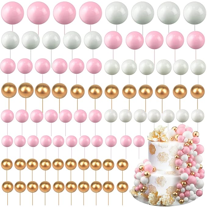 108 Pcs Balls Cake Topper DIY Cupcake Insert Foam Balloons for Cake Baking Wedding Anniversary Birthday Decoration(Pink, White, Gold,Multi Sizes)