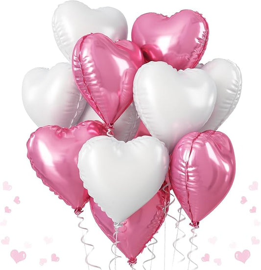 Heart Foil Balloons, 18 Inch White & Pink Heart Shape Mylar Balloons for Valentine's Day, Birthday, Wedding, Baby Shower Party Decoration