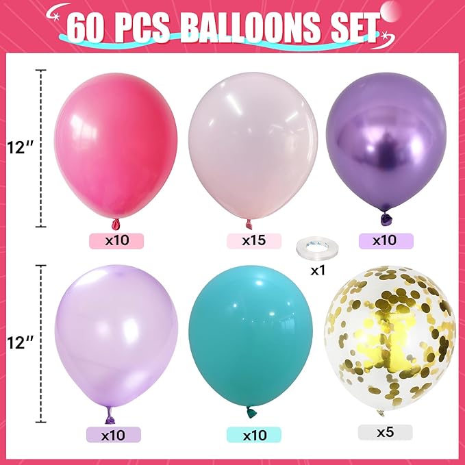 Pink and Purple Balloons, 60PCS 12Inch Purple Pink Teal Blue Balloons and Gold Birthday Balloon for Girls Princess Birthday Mermaid Baby Shower Party Decorations