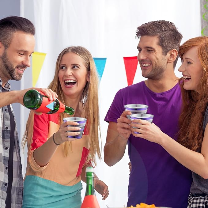 Gejoy 9 oz Rimmed Swirl Plastic Cups Disposable Wine Drinking Cups Clear Elegant Halloween Tumblers for Christmas Party Supplies(Purple,100 Pcs)