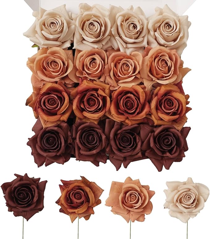 TINGE TIME Artificial Flowers Combo Box Set 16PCS Fake Rose Silk Flower with Stem for DIY Wedding Bouquets Centerpieces Baby Shower Party Home Fall Decoration (Gradient Burnt Orange)