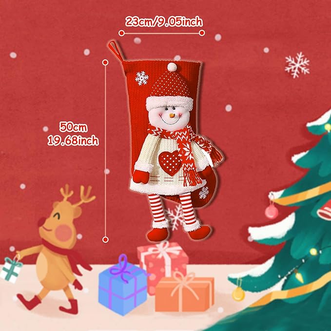 2 Pack Christmas Stockings, 19.7 Inch Large Stockings, Personalized Knitted 3D Pattern Santa Snowman Socks, Eve Candy Stocking Bag for for Holiday Xmas Party Decoration (Style 1)