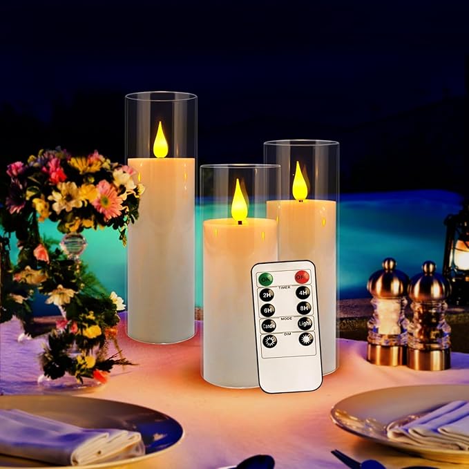Set of 24 Flickering Flameless Candles Battery Operated with Remote and 2/4/6/8 H Timer Plexiglass Led Pillar Candles with Realistic Moving Wick Candles for Home Decor (D2.2"xH 5"6"7")(White)